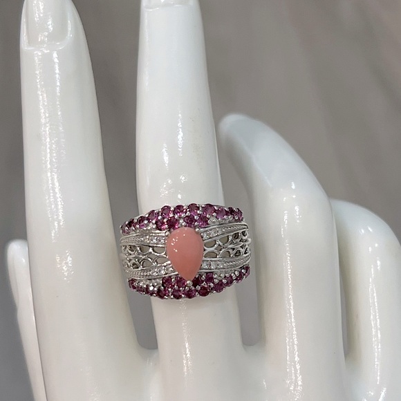 Oregon Peach Opal Rhodolite Garnet Zircon Sterling Silver Ring - Picture 3 of 15